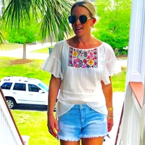 Impeccable Pig Embroidered Top with Pom Pom Side Waist Ties